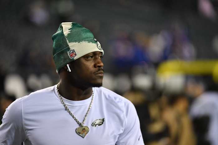 Philadelphia Eagles wide receiver A.J. Brown (11) during warmups before NFC divisional round game against the New York Giants at Lincoln Financial Field.